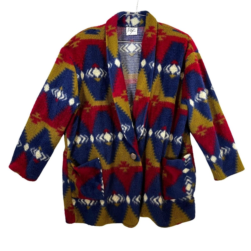 Vintage‎ Women's Southwest Blanket Print Fuzzy Coat Jacket Cardigan Pockets XL